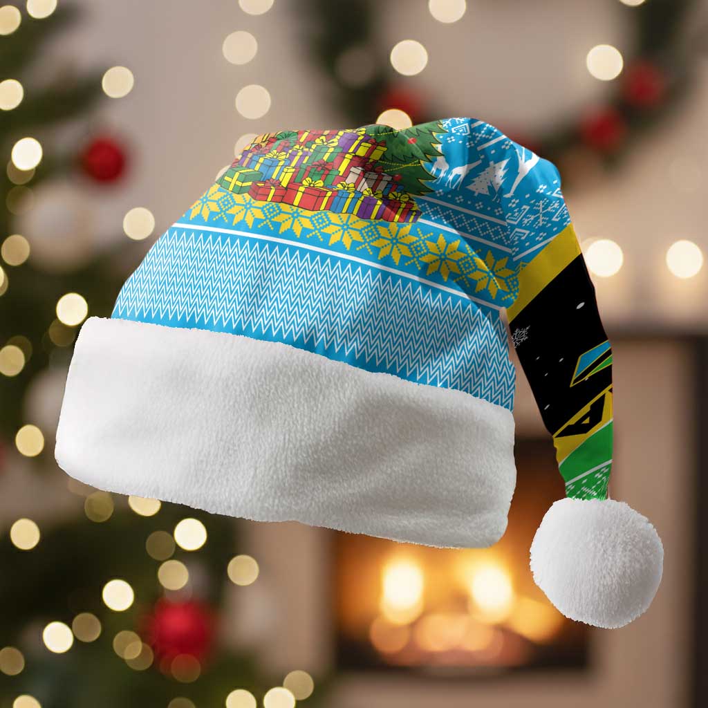 Tanzania Christmas Santa Hat with Giraffe Christmas Tree Snowflakes and Flag - Wonder Print Shop
