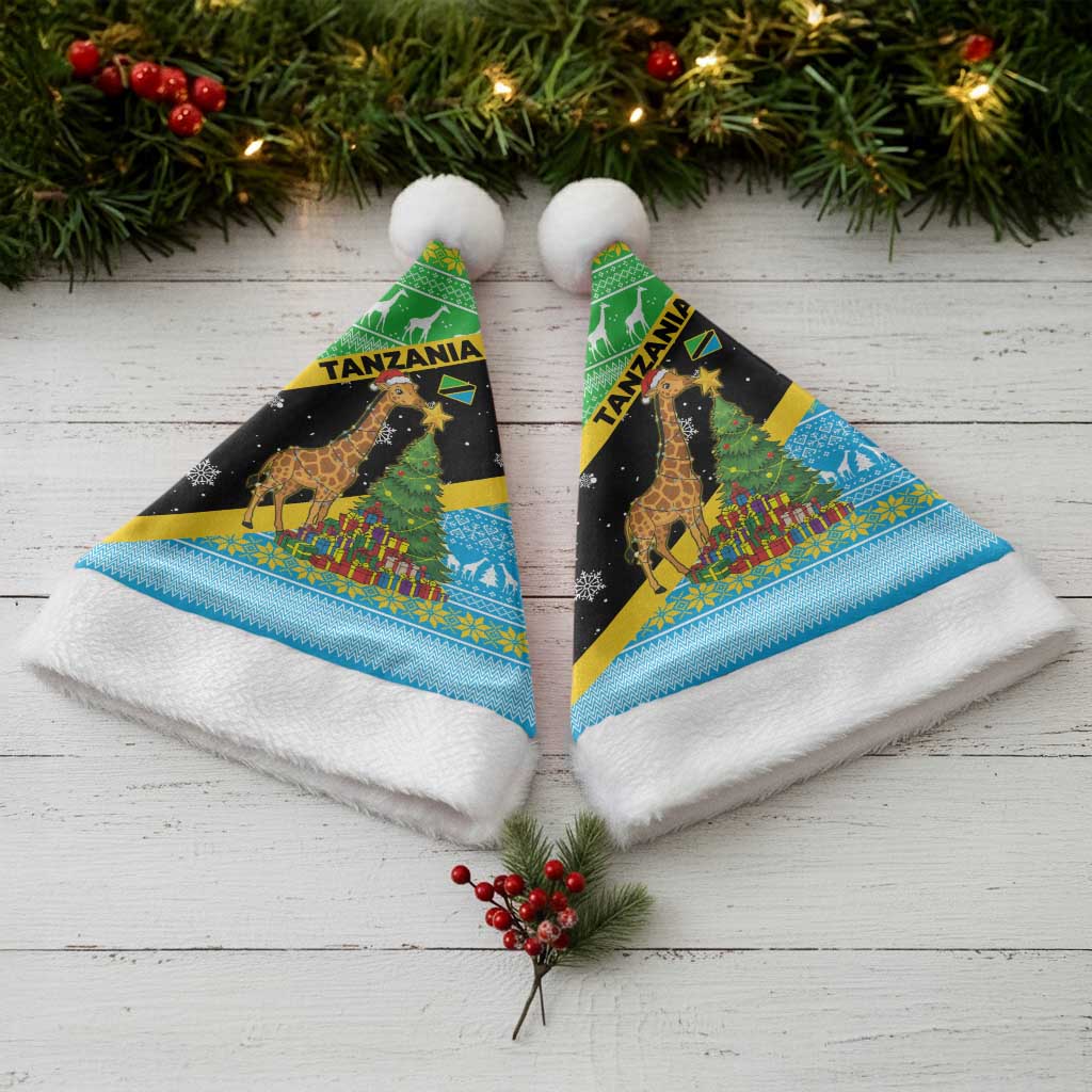 Tanzania Christmas Santa Hat with Giraffe Christmas Tree Snowflakes and Flag - Wonder Print Shop