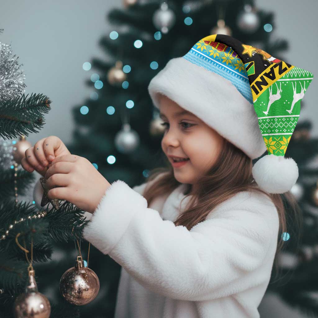 Tanzania Christmas Santa Hat with Giraffe Christmas Tree Snowflakes and Flag - Wonder Print Shop