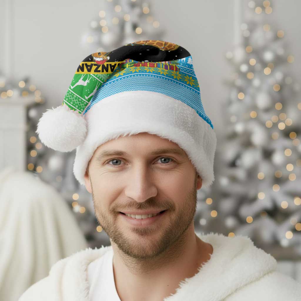 Tanzania Christmas Santa Hat with Giraffe Christmas Tree Snowflakes and Flag - Wonder Print Shop