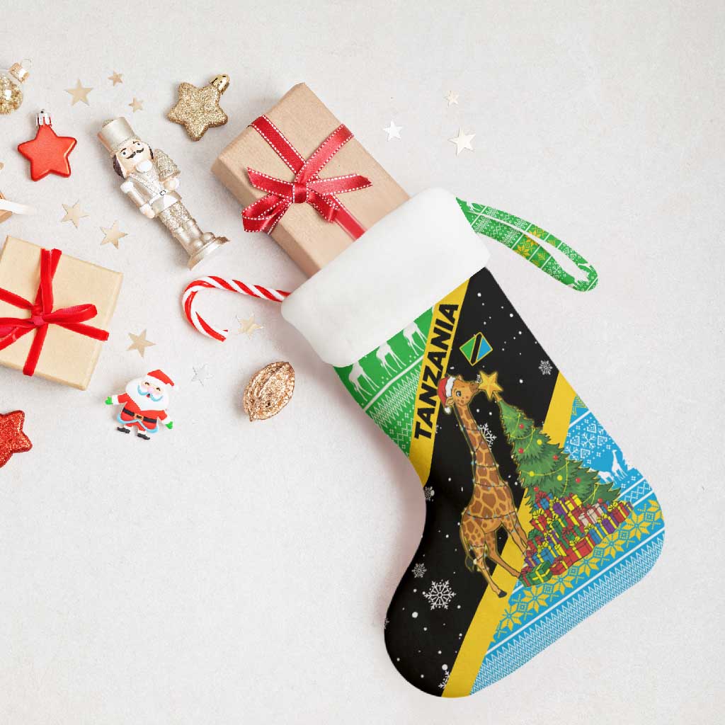 Tanzania Christmas Stocking with Giraffe Christmas Tree Snowflakes and Flag - Wonder Print Shop