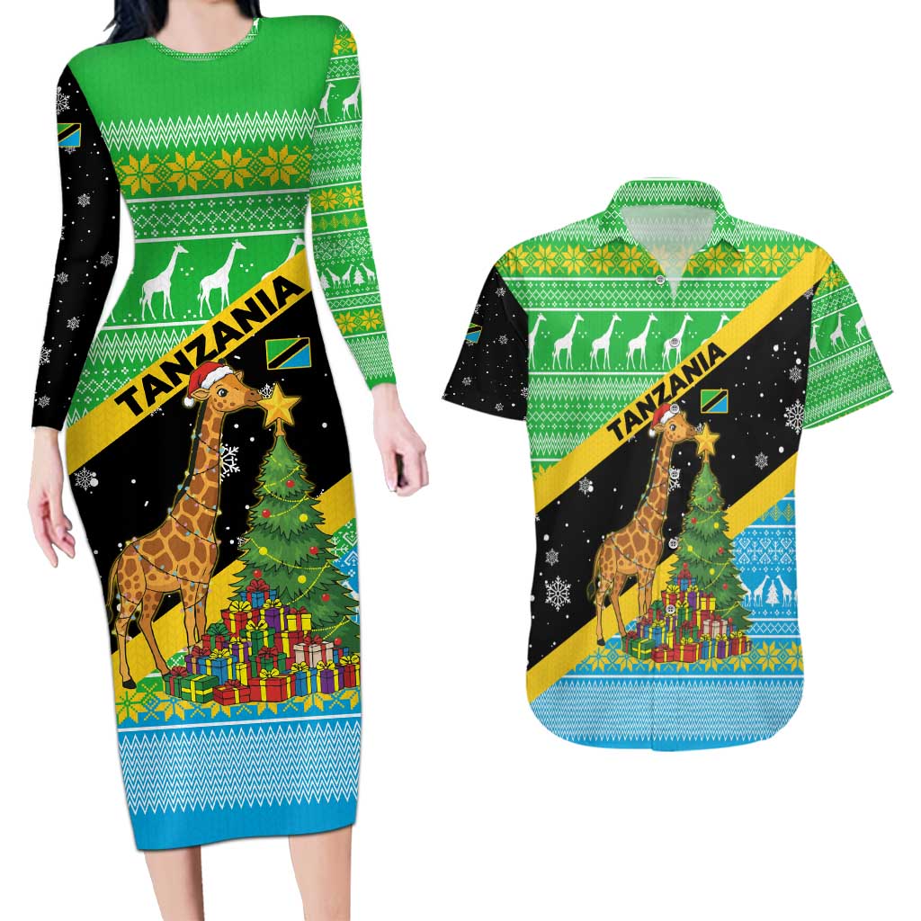 Tanzania Christmas Couples Matching Long Sleeve Bodycon Dress and Hawaiian Shirt with Giraffe Christmas Tree Snowflakes and Flag - Wonder Print Shop
