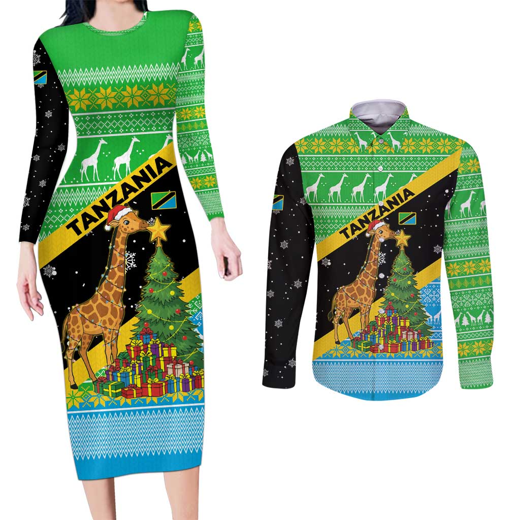 Tanzania Christmas Couples Matching Long Sleeve Bodycon Dress and Long Sleeve Button Shirt with Giraffe Christmas Tree Snowflakes and Flag - Wonder Print Shop