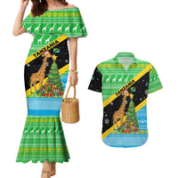 Tanzania Christmas Couples Matching Mermaid Dress and Hawaiian Shirt with Giraffe Christmas Tree Snowflakes and Flag - Wonder Print Shop