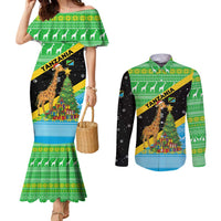 Tanzania Christmas Couples Matching Mermaid Dress and Long Sleeve Button Shirt with Giraffe Christmas Tree Snowflakes and Flag - Wonder Print Shop