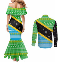Tanzania Christmas Couples Matching Mermaid Dress and Long Sleeve Button Shirt with Giraffe Christmas Tree Snowflakes and Flag - Wonder Print Shop