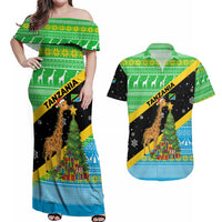 Tanzania Christmas Couples Matching Off Shoulder Maxi Dress and Hawaiian Shirt with Giraffe Christmas Tree Snowflakes and Flag - Wonder Print Shop