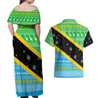 Tanzania Christmas Couples Matching Off Shoulder Maxi Dress and Hawaiian Shirt with Giraffe Christmas Tree Snowflakes and Flag - Wonder Print Shop