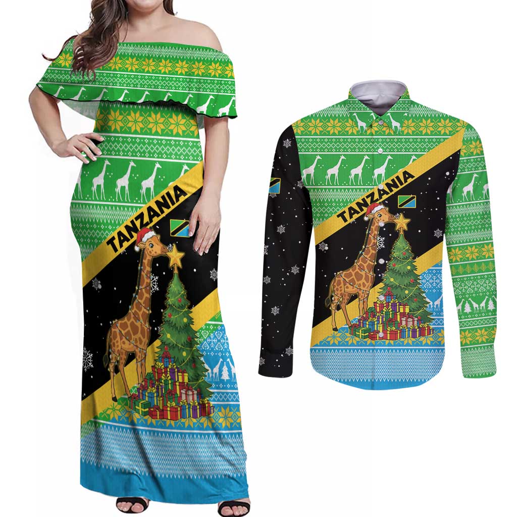 Tanzania Christmas Couples Matching Off Shoulder Maxi Dress and Long Sleeve Button Shirt with Giraffe Christmas Tree Snowflakes and Flag - Wonder Print Shop
