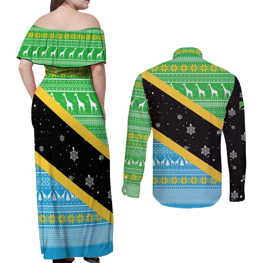 Tanzania Christmas Couples Matching Off Shoulder Maxi Dress and Long Sleeve Button Shirt with Giraffe Christmas Tree Snowflakes and Flag - Wonder Print Shop