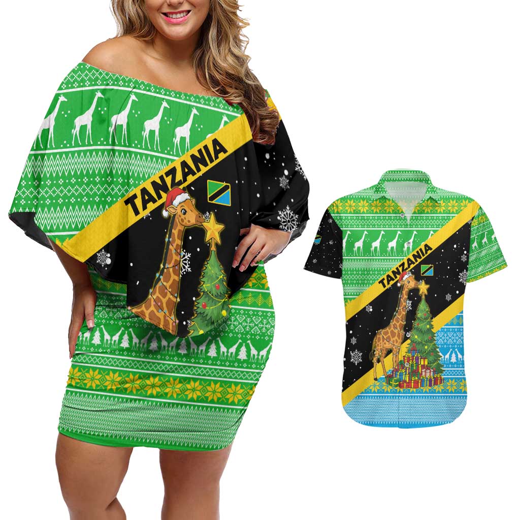 Tanzania Christmas Couples Matching Off Shoulder Short Dress and Hawaiian Shirt with Giraffe Christmas Tree Snowflakes and Flag - Wonder Print Shop