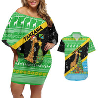 Tanzania Christmas Couples Matching Off Shoulder Short Dress and Hawaiian Shirt with Giraffe Christmas Tree Snowflakes and Flag - Wonder Print Shop