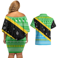Tanzania Christmas Couples Matching Off Shoulder Short Dress and Hawaiian Shirt with Giraffe Christmas Tree Snowflakes and Flag - Wonder Print Shop