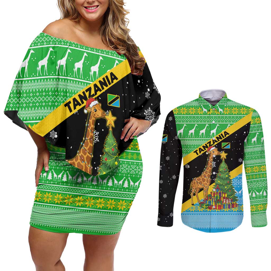 Tanzania Christmas Couples Matching Off Shoulder Short Dress and Long Sleeve Button Shirt with Giraffe Christmas Tree Snowflakes and Flag - Wonder Print Shop