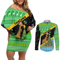 Tanzania Christmas Couples Matching Off Shoulder Short Dress and Long Sleeve Button Shirt with Giraffe Christmas Tree Snowflakes and Flag - Wonder Print Shop