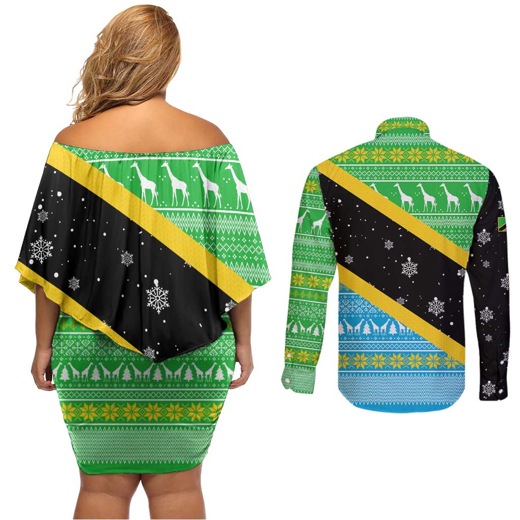 Tanzania Christmas Couples Matching Off Shoulder Short Dress and Long Sleeve Button Shirt with Giraffe Christmas Tree Snowflakes and Flag - Wonder Print Shop