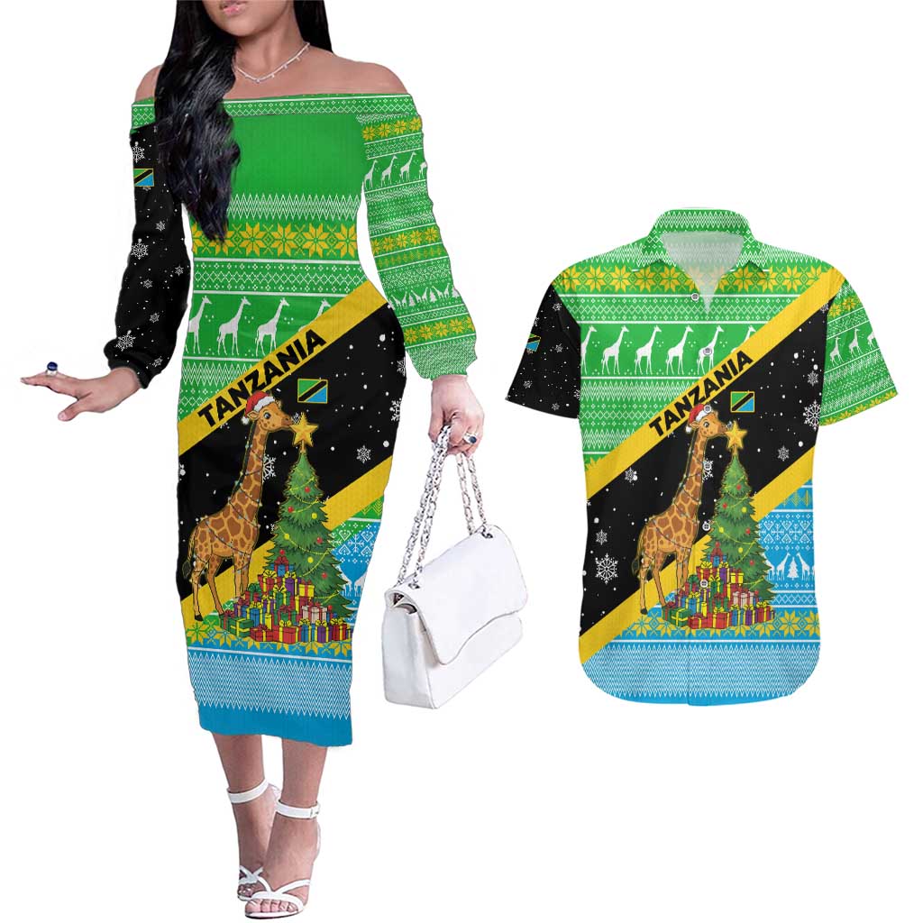 Tanzania Christmas Couples Matching Off The Shoulder Long Sleeve Dress and Hawaiian Shirt with Giraffe Christmas Tree Snowflakes and Flag - Wonder Print Shop
