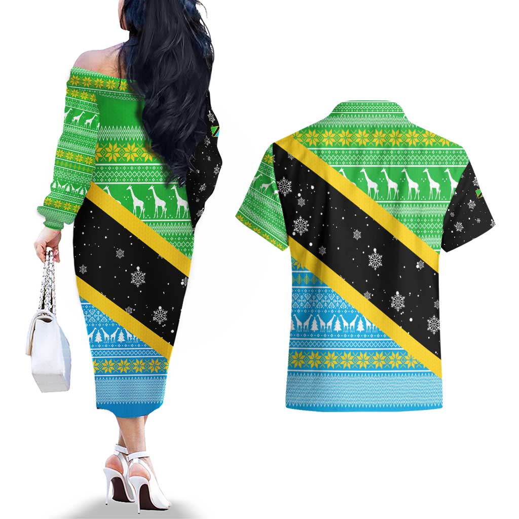 Tanzania Christmas Couples Matching Off The Shoulder Long Sleeve Dress and Hawaiian Shirt with Giraffe Christmas Tree Snowflakes and Flag - Wonder Print Shop