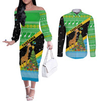Tanzania Christmas Couples Matching Off The Shoulder Long Sleeve Dress and Long Sleeve Button Shirt with Giraffe Christmas Tree Snowflakes and Flag - undefined