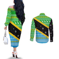 Tanzania Christmas Couples Matching Off The Shoulder Long Sleeve Dress and Long Sleeve Button Shirt with Giraffe Christmas Tree Snowflakes and Flag - undefined