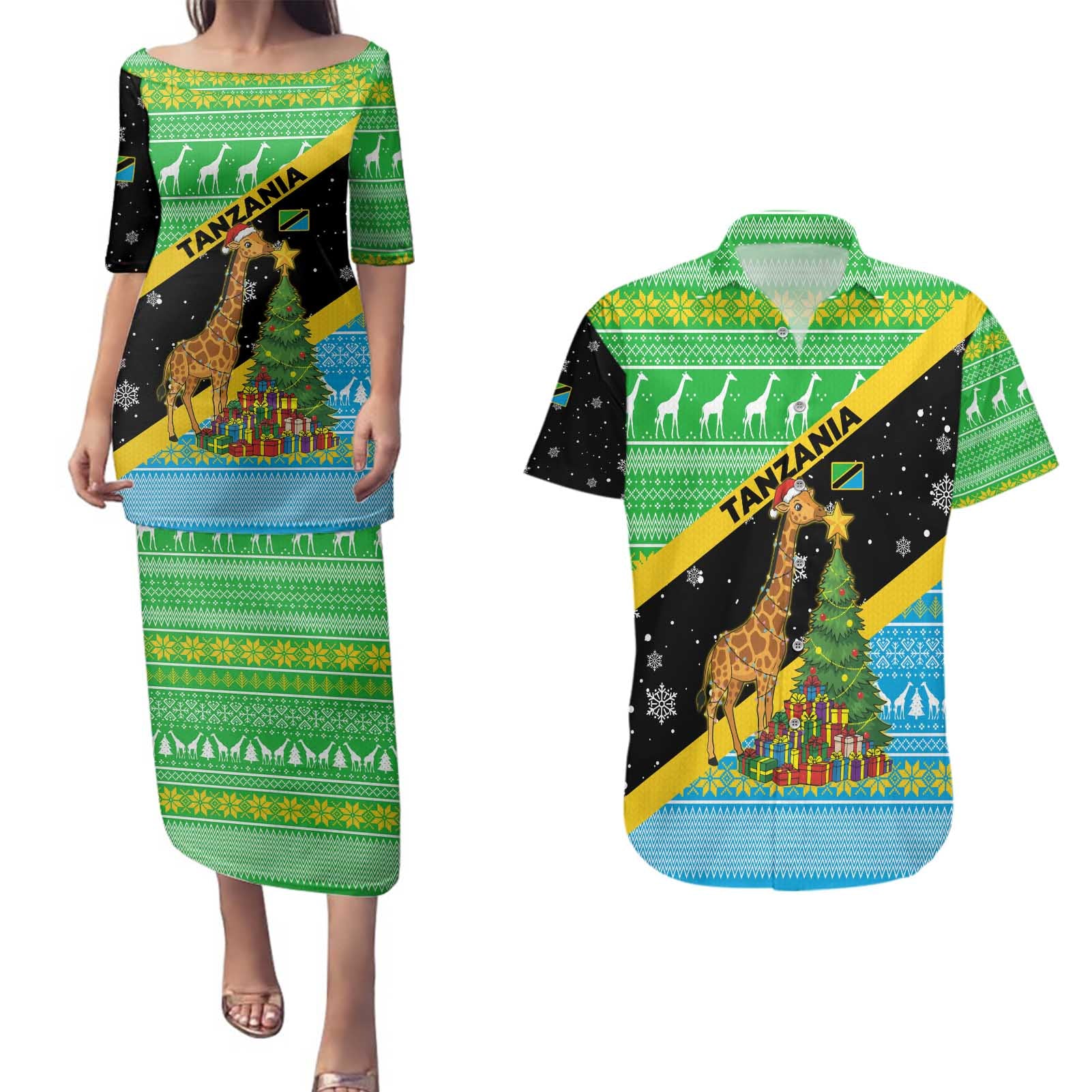 Tanzania Christmas Couples Matching Puletasi and Hawaiian Shirt with Giraffe Christmas Tree Snowflakes and Flag - Wonder Print Shop