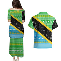 Tanzania Christmas Couples Matching Puletasi and Hawaiian Shirt with Giraffe Christmas Tree Snowflakes and Flag - Wonder Print Shop