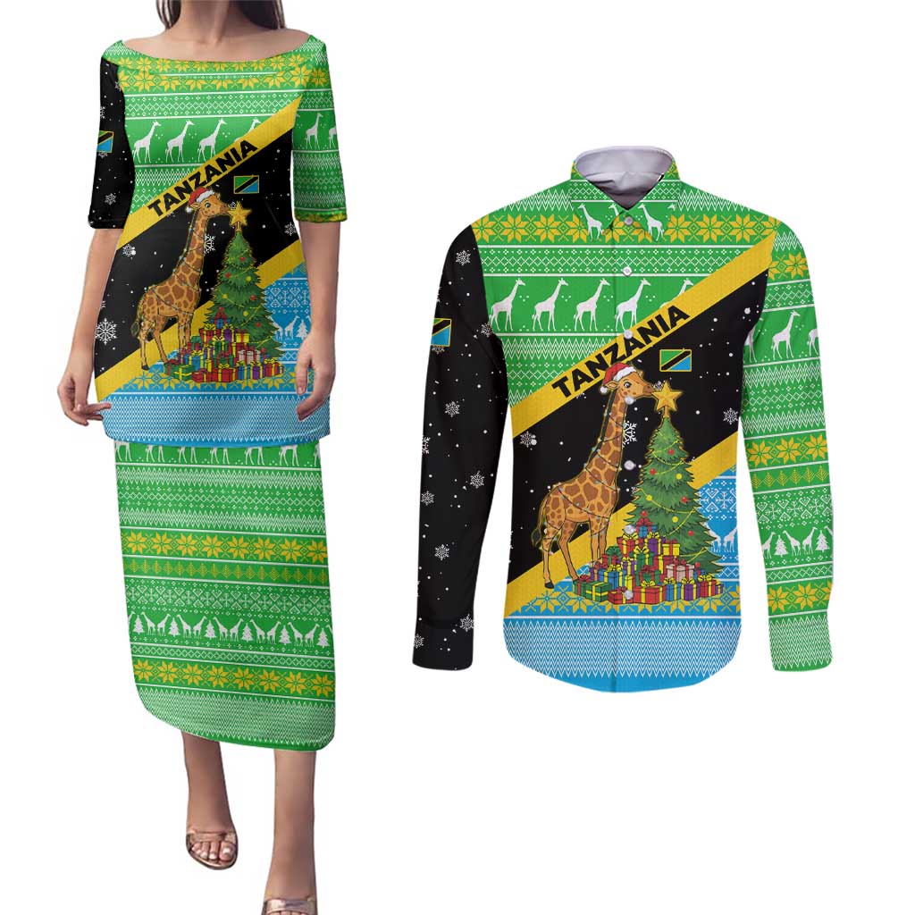Tanzania Christmas Couples Matching Puletasi and Long Sleeve Button Shirt with Giraffe Christmas Tree Snowflakes and Flag - Wonder Print Shop