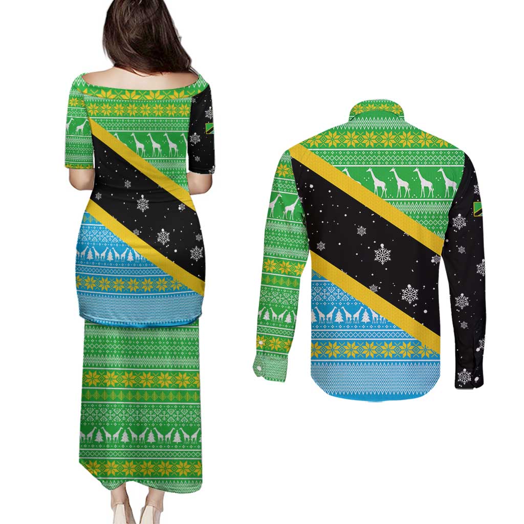 Tanzania Christmas Couples Matching Puletasi and Long Sleeve Button Shirt with Giraffe Christmas Tree Snowflakes and Flag - Wonder Print Shop