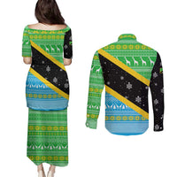Tanzania Christmas Couples Matching Puletasi and Long Sleeve Button Shirt with Giraffe Christmas Tree Snowflakes and Flag - Wonder Print Shop