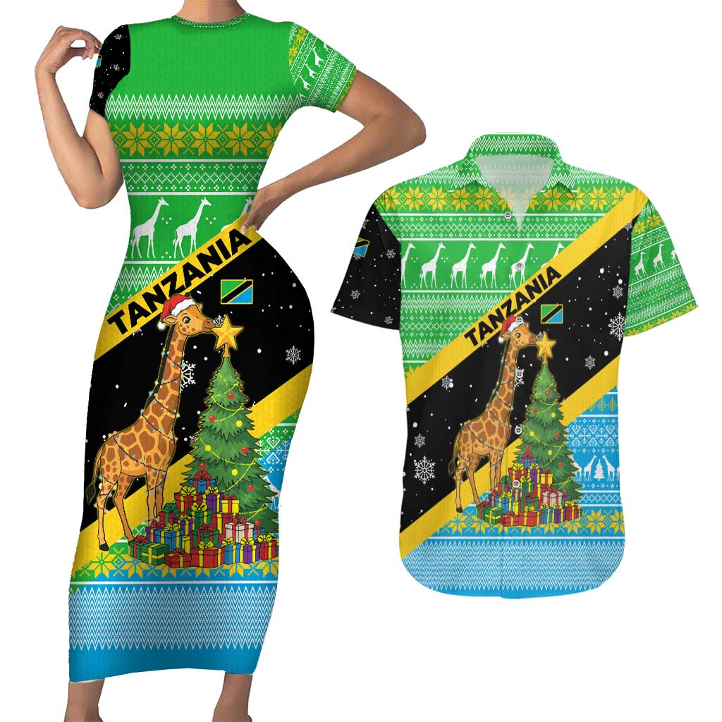 Tanzania Christmas Couples Matching Short Sleeve Bodycon Dress and Hawaiian Shirt with Giraffe Christmas Tree Snowflakes and Flag - Wonder Print Shop