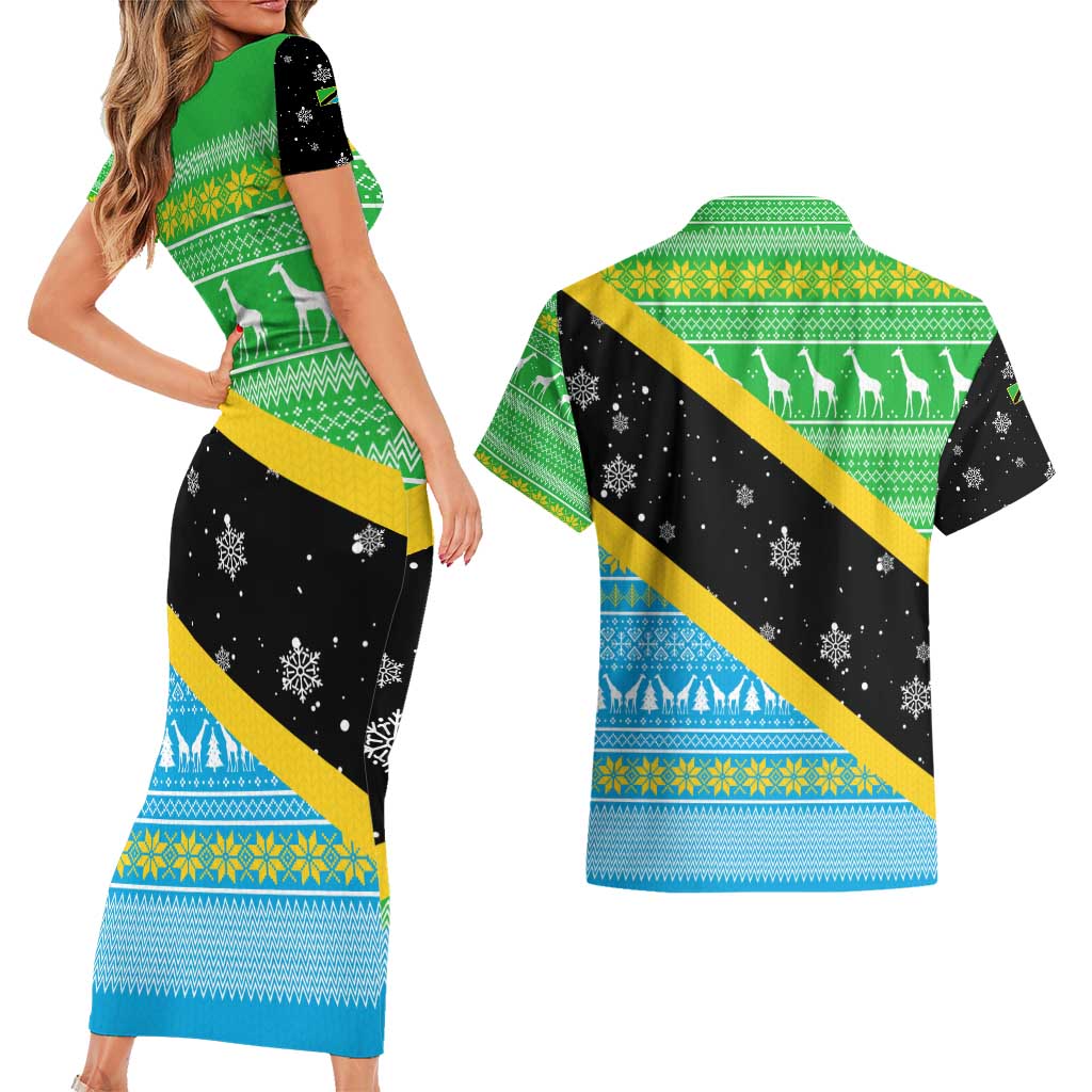 Tanzania Christmas Couples Matching Short Sleeve Bodycon Dress and Hawaiian Shirt with Giraffe Christmas Tree Snowflakes and Flag - Wonder Print Shop