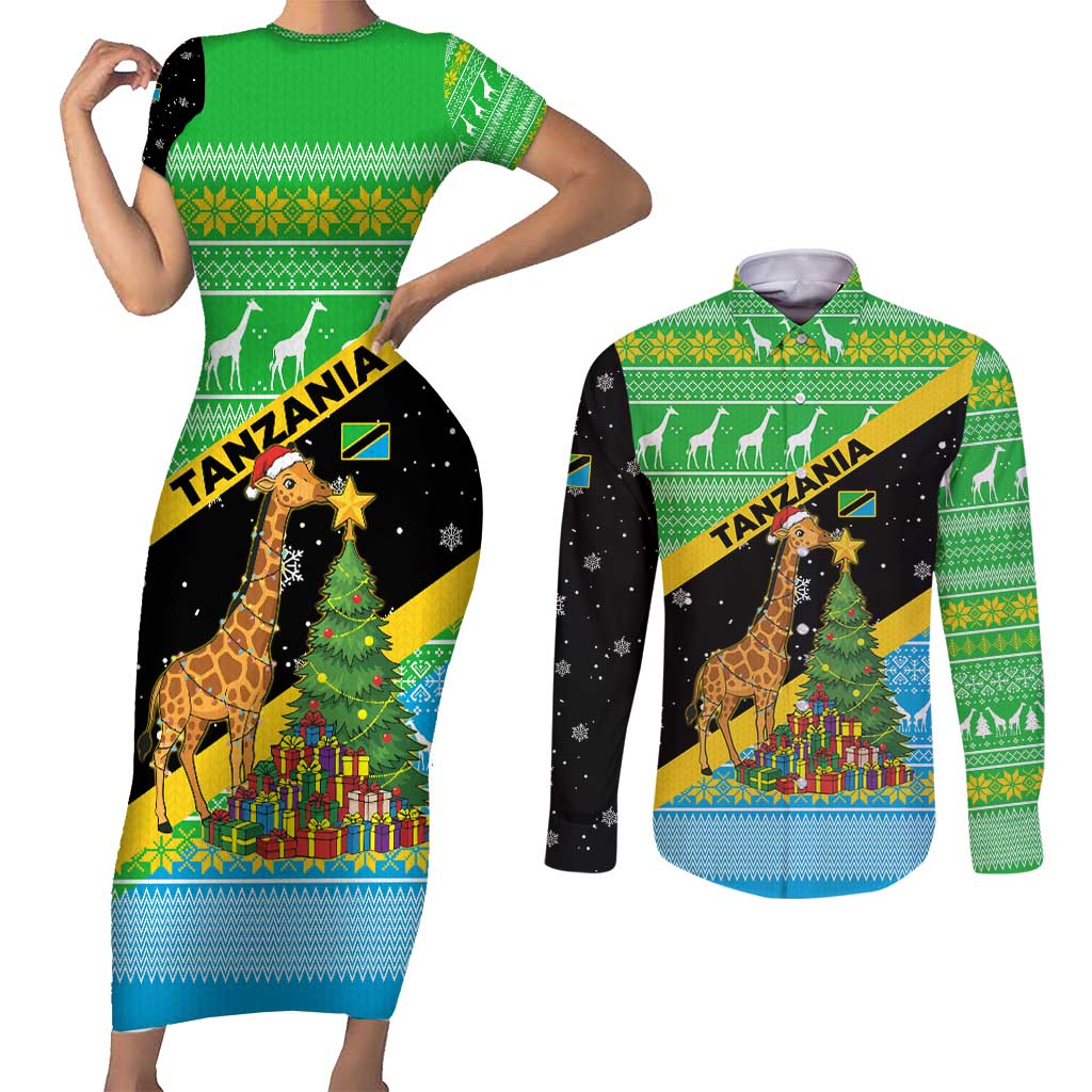 Tanzania Christmas Couples Matching Short Sleeve Bodycon Dress and Long Sleeve Button Shirt with Giraffe Christmas Tree Snowflakes and Flag - Wonder Print Shop