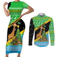 Tanzania Christmas Couples Matching Short Sleeve Bodycon Dress and Long Sleeve Button Shirt with Giraffe Christmas Tree Snowflakes and Flag - Wonder Print Shop