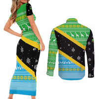 Tanzania Christmas Couples Matching Short Sleeve Bodycon Dress and Long Sleeve Button Shirt with Giraffe Christmas Tree Snowflakes and Flag - Wonder Print Shop