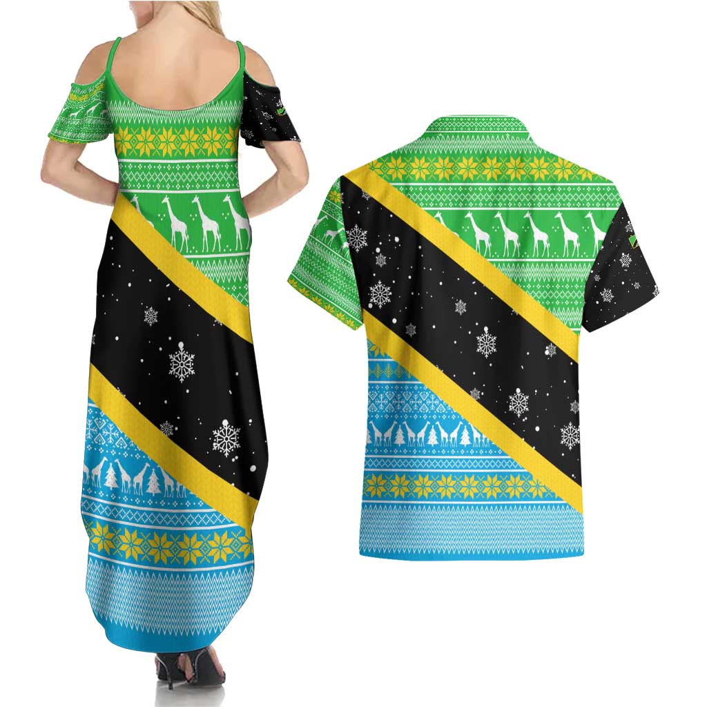 Tanzania Christmas Couples Matching Summer Maxi Dress and Hawaiian Shirt with Giraffe Christmas Tree Snowflakes and Flag - Wonder Print Shop