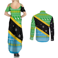 Tanzania Christmas Couples Matching Summer Maxi Dress and Long Sleeve Button Shirt with Giraffe Christmas Tree Snowflakes and Flag - Wonder Print Shop