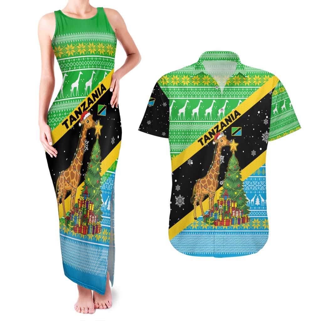Tanzania Christmas Couples Matching Tank Maxi Dress and Hawaiian Shirt with Giraffe Christmas Tree Snowflakes and Flag - Wonder Print Shop
