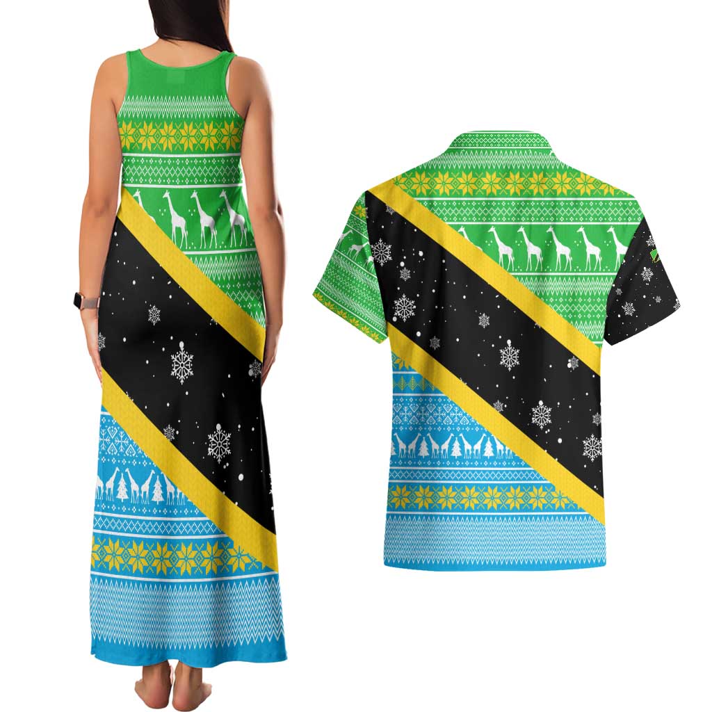 Tanzania Christmas Couples Matching Tank Maxi Dress and Hawaiian Shirt with Giraffe Christmas Tree Snowflakes and Flag - Wonder Print Shop