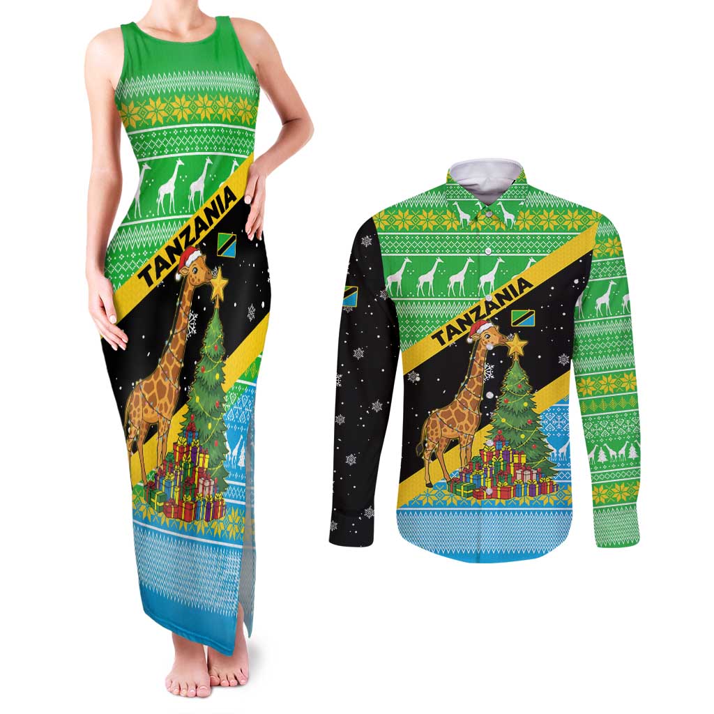 Tanzania Christmas Couples Matching Tank Maxi Dress and Long Sleeve Button Shirt with Giraffe Christmas Tree Snowflakes and Flag - Wonder Print Shop