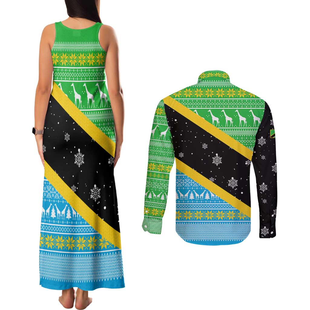 Tanzania Christmas Couples Matching Tank Maxi Dress and Long Sleeve Button Shirt with Giraffe Christmas Tree Snowflakes and Flag - Wonder Print Shop
