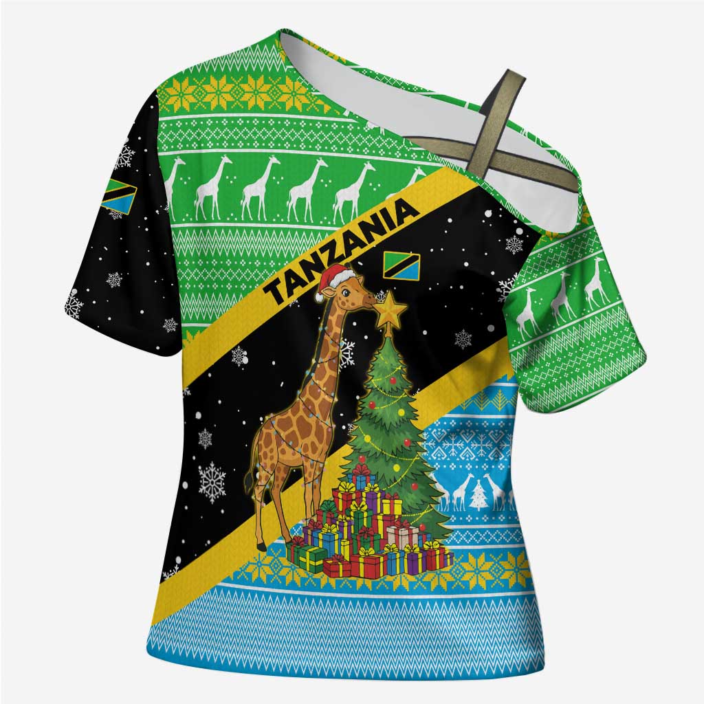 Tanzania Christmas Cross Shoulder Shirt with Giraffe Christmas Tree Snowflakes and Flag - Wonder Print Shop