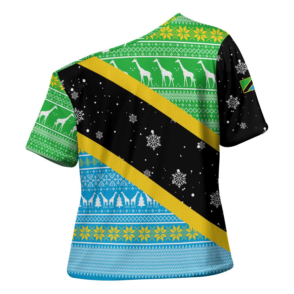 Tanzania Christmas Cross Shoulder Shirt with Giraffe Christmas Tree Snowflakes and Flag - Wonder Print Shop