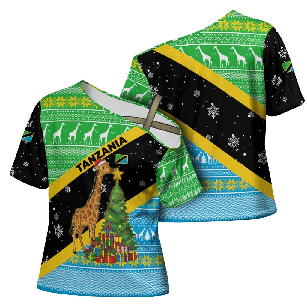 Tanzania Christmas Cross Shoulder Shirt with Giraffe Christmas Tree Snowflakes and Flag - Wonder Print Shop