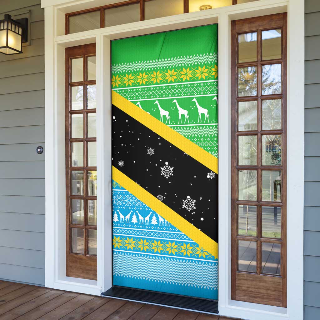 Tanzania Christmas Door Cover with Giraffe Christmas Tree Snowflakes and Flag - Wonder Print Shop