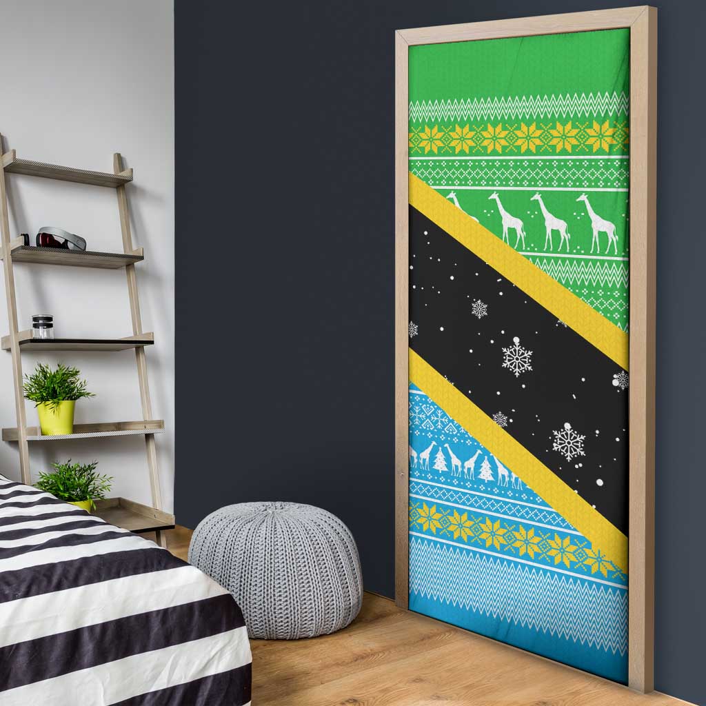 Tanzania Christmas Door Cover with Giraffe Christmas Tree Snowflakes and Flag - Wonder Print Shop