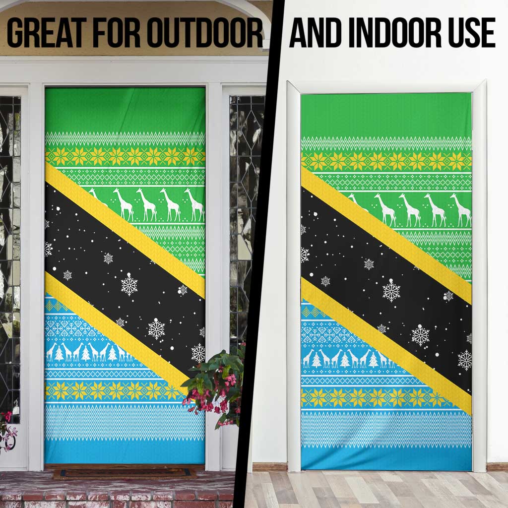 Tanzania Christmas Door Cover with Giraffe Christmas Tree Snowflakes and Flag - Wonder Print Shop