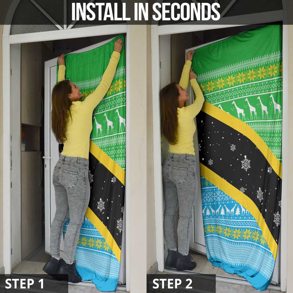 Tanzania Christmas Door Cover with Giraffe Christmas Tree Snowflakes and Flag - Wonder Print Shop