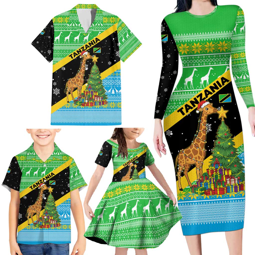 Tanzania Christmas Family Matching Long Sleeve Bodycon Dress and Hawaiian Shirt with Giraffe Christmas Tree Snowflakes and Flag - Wonder Print Shop