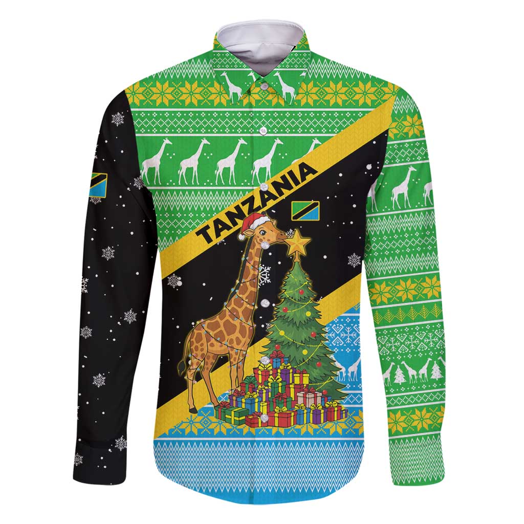 Tanzania Christmas Family Matching Long Sleeve Bodycon Dress and Hawaiian Shirt with Giraffe Christmas Tree Snowflakes and Flag - Wonder Print Shop