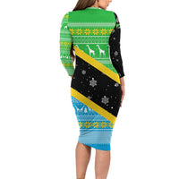 Tanzania Christmas Family Matching Long Sleeve Bodycon Dress and Hawaiian Shirt with Giraffe Christmas Tree Snowflakes and Flag - Wonder Print Shop